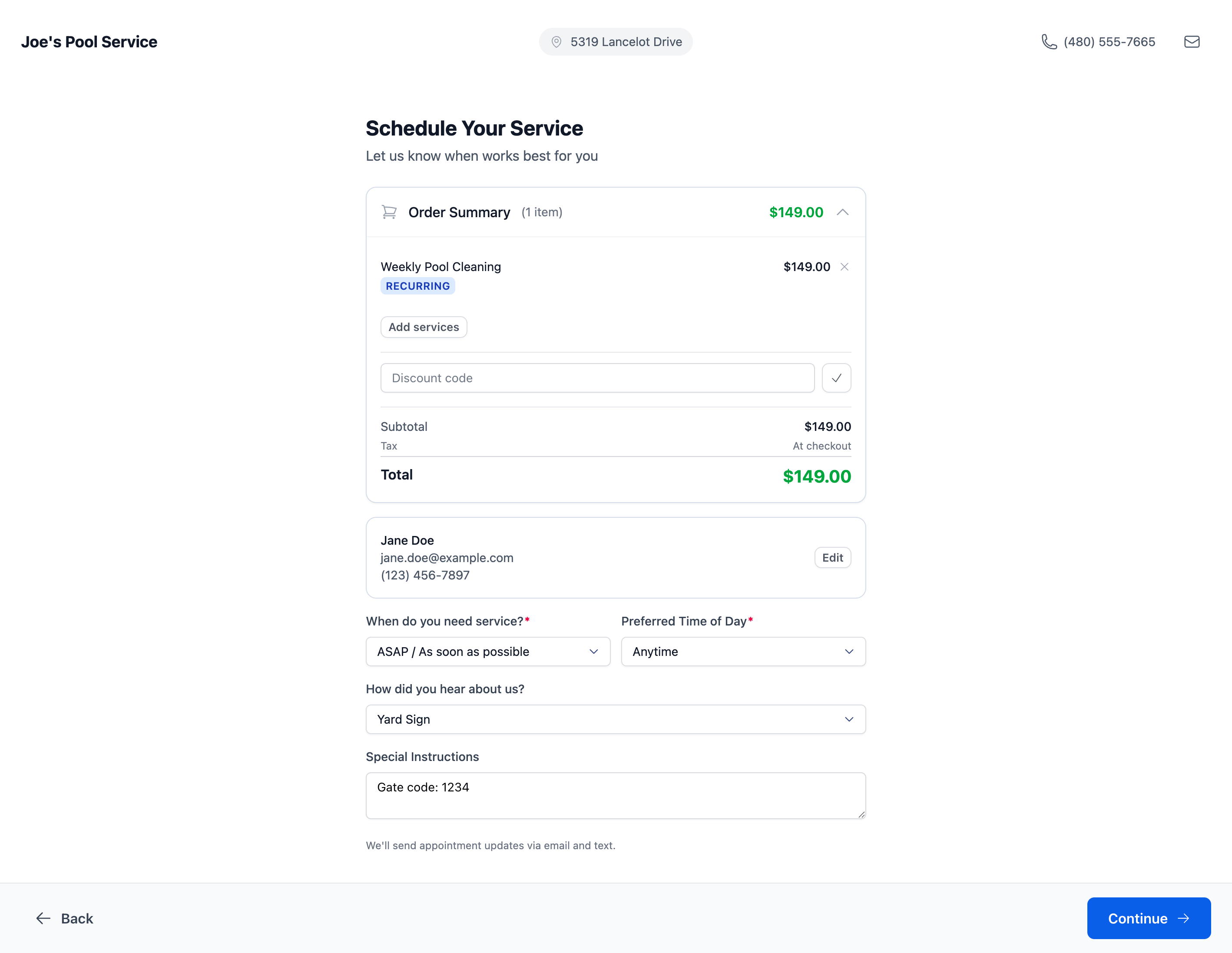 PoolFlow job detail with payment controls