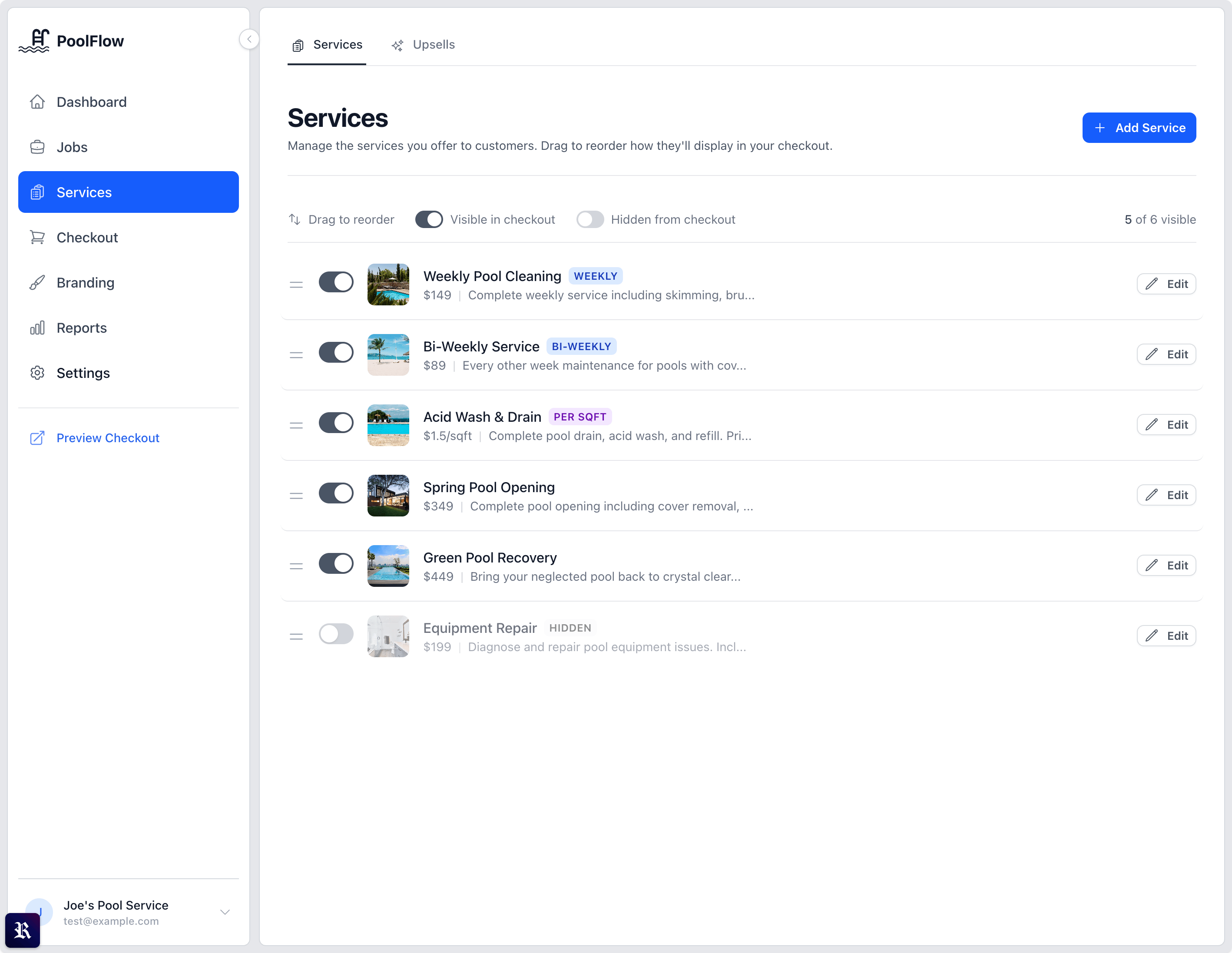 PoolFlow services dashboard